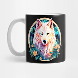 A White Wolf with Mountains, Floral Elements, Forests, Trees Mug